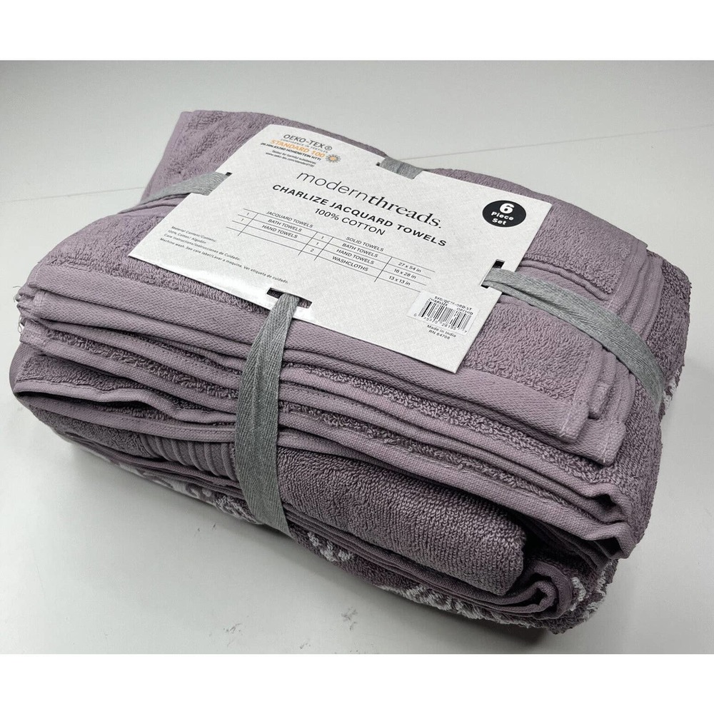 NWT Modern Threads 6 Piece Set Charlize Jacquard Cotton Towels Purple